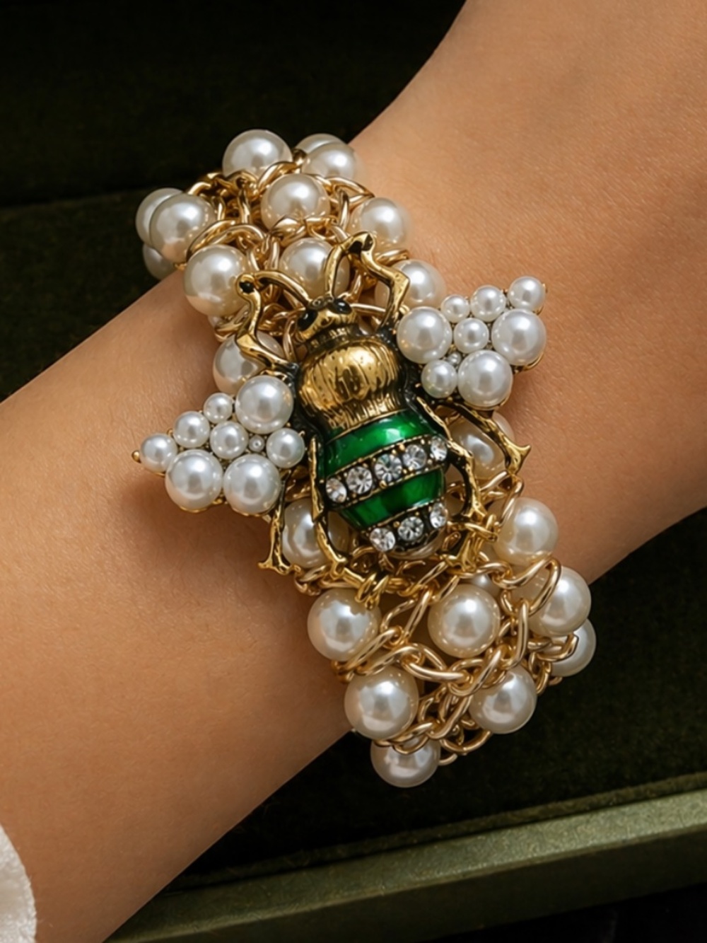 Gold Pearl Bracelet with Green Bee Accent